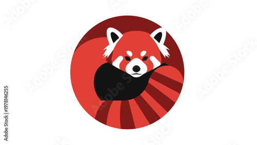 Stylized red panda illustration curled up, showing face and striped tail