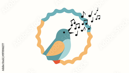 A blue and orange bird sings musical notes within a wavy border