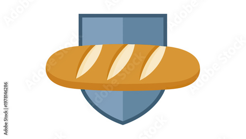 A loaf of bread rests on a blue shield