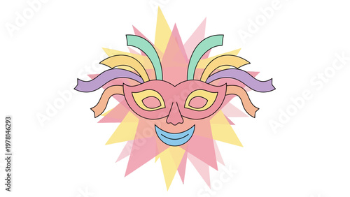A festive, pastel mask with ribbons and geometric burst