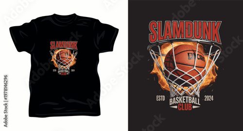 Slam dunk basketball team tshirt design featuring flaming basketball and hoop on black background.