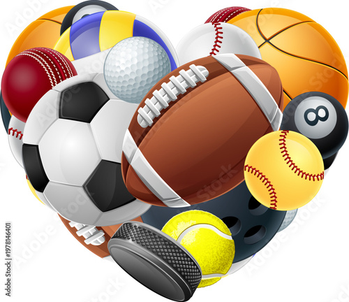 Cartoon sports heart sport lover fan design. Sports balls and items forming heart. Includes basketball, soccer, football, baseball, tennis, golf, cricket and more.