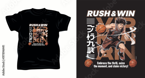 Rush and win graphic design with anime basketball player dribbling and text.