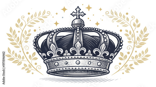 Vintage european royal crown silhouette with laurel wreath and stars symbolizing luxury and power