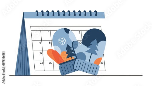 Stylized calendar with winter mittens, snowflake, and pine trees