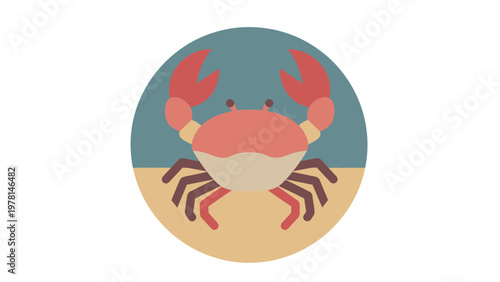 Stylized illustration of a crab on a sandy beach with a teal background