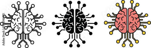 A vector graphic illustration depicting three conceptual designs of an artificial intelligence brain connected to a digital circuit network, symbolizing advanced computing and machine learning.