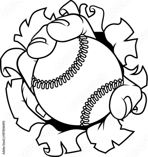 A strong hand holding a baseball ball tearing through the background. Sports graphic