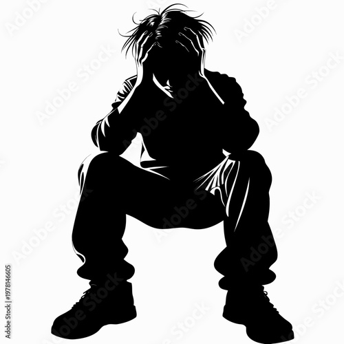 Depressed man silhouette sitting with head in hands, stressed person feeling grief and despair, lonely man experiencing mental health crisis