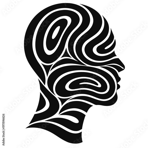 Hypnotic optical illusion human head profile, psychedelic swirl pattern mind vector, abstract mental health and psychology concept illustration