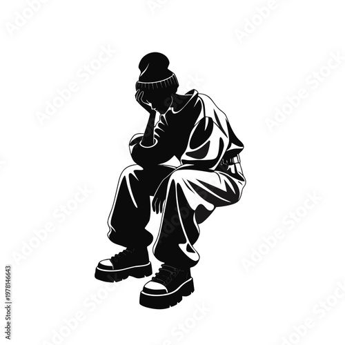 Sad man silhouette in streetwear clothing, depressed person sitting in despair, lonely male figure wearing beanie and baggy pants, mental health concept vector