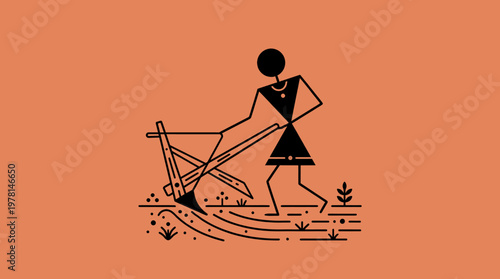 Warli Art Depicts Farmer Plowing Field with Traditional Equipment and Crops