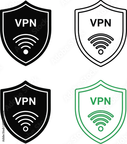 This vector illustration displays four distinct shield designs featuring vpn text and wifi signals for secure digital network connection software concepts.