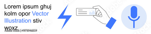 Identity verification, digital communication, innovative technology, voice recording, authentication, user interface. Hand holding an ID card, lightning bolt and microphone. Identity verification