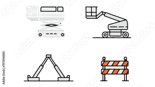 Essential Equipment Icons: Streamlined graphic illustrations present essential construction and industry tools, with a focus on their functionality and design.