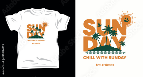 Summer vacation t-shirt design with palm trees and sun for chill vibes.