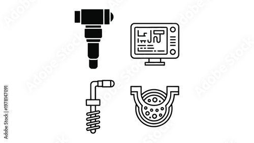 Engineering Icons: A collection of black and white vector icons representing an array of mechanical tools and technological implements for industrial applications.
