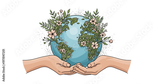 Illustrated vector art shows a pair of hands gently holding the Earth, adorned with flowers and leaves, set against a clean white background, conveying a hopeful and environmentally