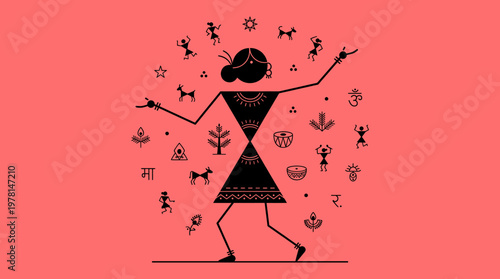 Warli Traditional Indian Folk Art Depicting a Central Woman Dancing People and Symbolic Nature
