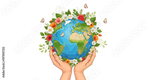 A vector illustration depicts a pair of hands gently cradling the Earth, which is adorned with blooming flowers and fluttering butterflies, symbolizing a celebration of Earth Day