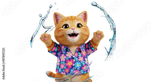 Joyful Cartoon Cat in Floral Shirt with Water Splashes