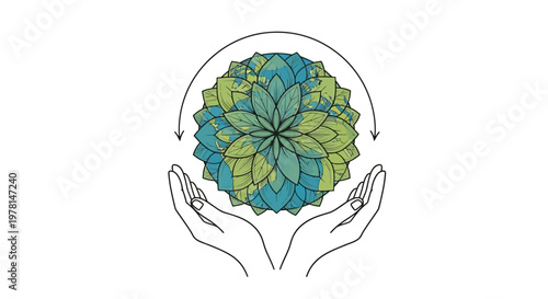 Minimalist vector illustration featuring outlined hands gently cradling a stylized Earth Day icon with a mandala-like design, rendered in soft blue and green hues against a clean white
