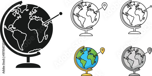 A collection of earth globe vector illustration designs featuring location pins and diverse artistic styles for modern professional project work usage