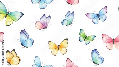 Colorful watercolor butterflies flying in a repeating seamless spring pattern design