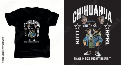 Chihuahua dog t shirt design featuring cute puppy in urban streetwear outfit with sunglasses and jacket.