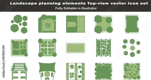Landscape planning symbols vector set, top view eco green zones, garden elements, trees, pergola, biodiversity, minimal architectural CAD icon layout