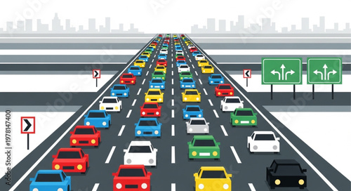 Heavy traffic jam on a multi lane highway with many cars.