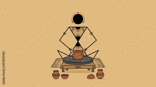 Traditional Artisan Crafts Pottery on a Wheel Artistic Illustration