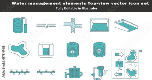 Water management symbols vector set, top view sustainable drainage systems, rainwater harvesting, irrigation, storage, eco planning, clean architectural CAD icons