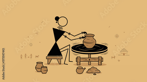 Warli Art Illustration Depicting a Traditional Woman Artisan Skillfully Crafting Pottery on a Spinning Wheel