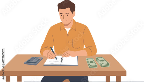 A man sits at a desk writing in a notebook with money and a calculator