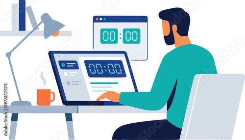 A man sits at a desk working on a laptop with timers displayed.