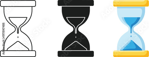 This professional vector illustration set displays three distinct hourglass designs featuring outline, solid black, and colorful modern flat graphic styles.