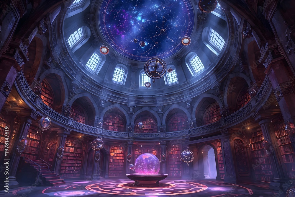 Obraz premium Magic library observatory with star dome and crystal orb, fantasy wizard interior