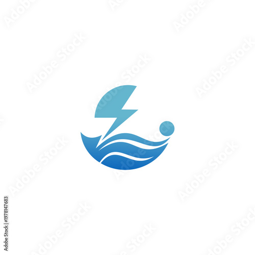 Illustration shows a stylized lightning bolt over waves and a ball.