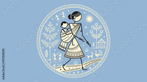Warli Folk Art Illustration Depicting an Indian Mother Carrying Her Baby on a Path in a Serene Rural Village