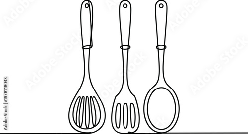 Continuous line of three kitchen utensils, whisk, spatula, and ladle