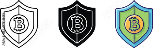 A set of bitcoin shield vector illustrations featuring line art, solid black, and colorful graphic designs for secure cryptocurrency branding projects