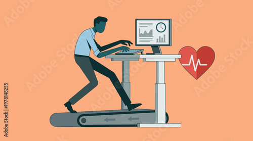 Man Typing on Laptop While Walking on Treadmill with Heart Monitor