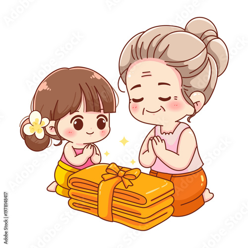 Thai grandmother and granddaughter offering saffron robes for buddhist merit making ceremony songkran festival culture cartoon vector