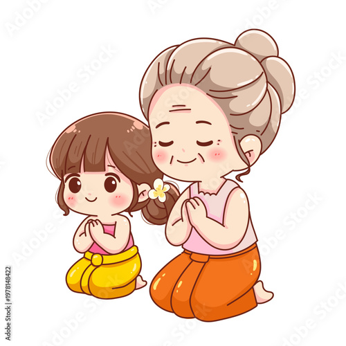 Thai grandmother and granddaughter in traditional costume sitting and praying respectfully for Songkran festival or Thai New Year celebration cartoon vector