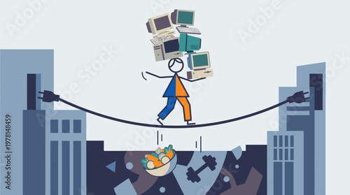 Cartoon Character Balancing Heavy Stack of Old Computers on Tightrope