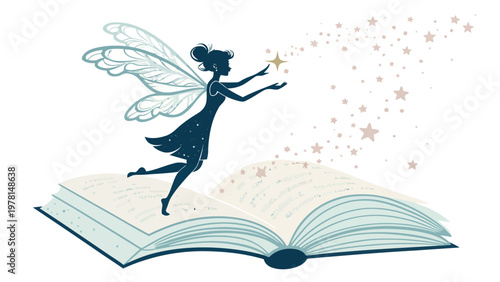 Fairy silhouette emerges from open book with magic sparkles and stars flying out fantasy illustration