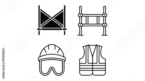Construction Safety Icons: A collection of vector icons, illustrating essential construction safety equipment and scaffolding, essential for worker protection and compliance.