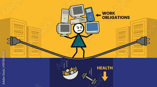 Person Balancing Work Obligations on Computers on Tightrope Above Health