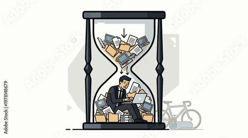 Businessman Works Overtime Surrounded by Documents in Hourglass Deadline Concept